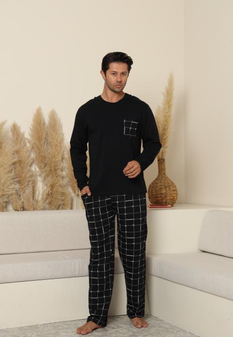 Pijama Barbati ,Maneca si Pantaloni Lungi,Culoare Negru cu Alb,Engros